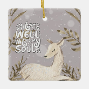 It is Well with my Soul, Winter Watercolor Deer Ceramic Ornament