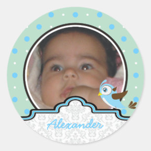 It’s a boy baby birth polkadot photo announcement classic round sticker
