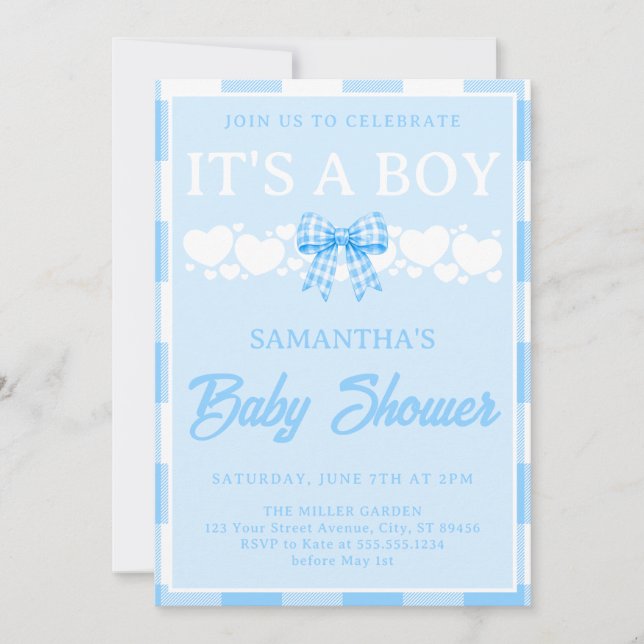 It’s a Boy Baby Shower Blue Gingham Bow Invitation (Front)