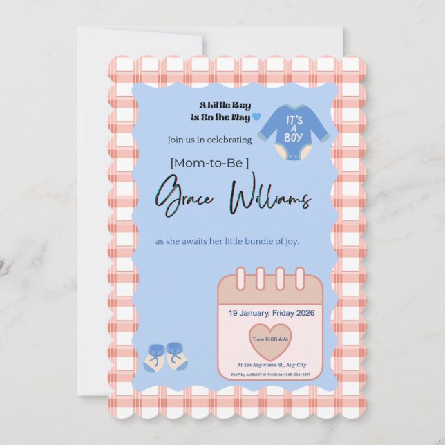 It’s a Boy Baby Shower Invitation | Gingham Blue C (Front)