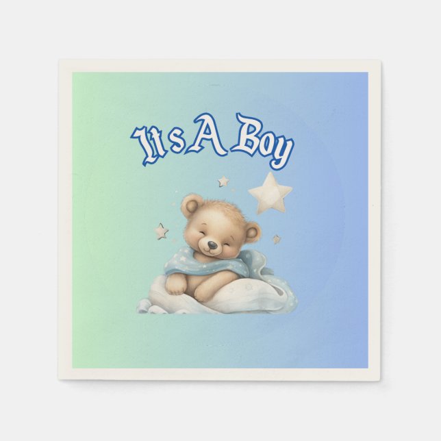 “It’s A Boy” Baby Shower Party Decor – Teddy Bear Napkin (Front)
