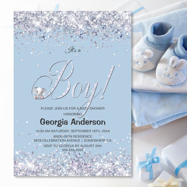 It’s a Boy Blue Elephant Glitter Baby Shower Invitation (Creator Uploaded)