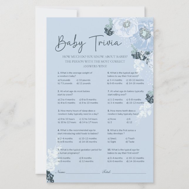It’s A Boy Blue Floral Baby Shower Trivia Game (Front)