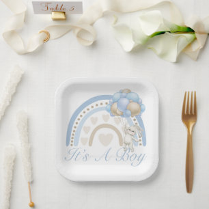 It’s a Boy Blue Pastel Rainbow Baby Shower Paper Plate
