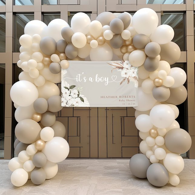 It’s a Boy Boho Floral Neutral Baby Shower Banner (It's A Boy Heart Script Banner)