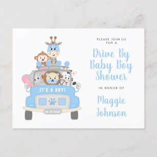 It’s a Boy Drive By Animal Safari Blue Baby Shower Invitation Postcard