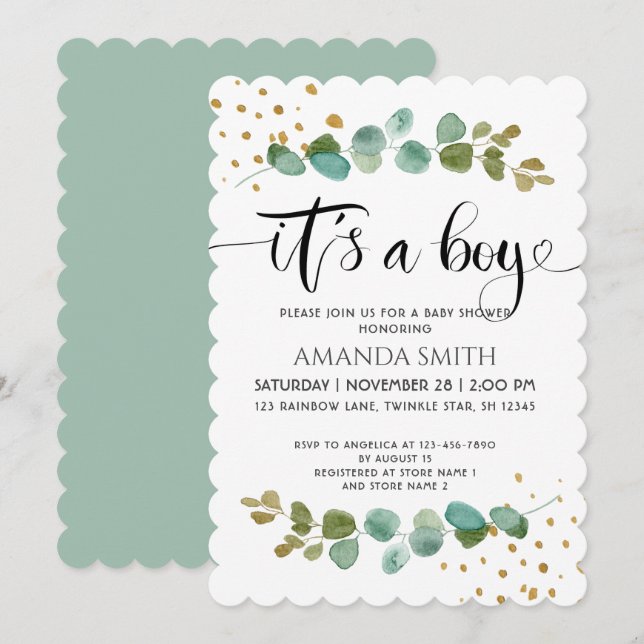 It’s a Boy Elegant Boy Eucalyptus Baby Shower  Invitation (Front/Back)
