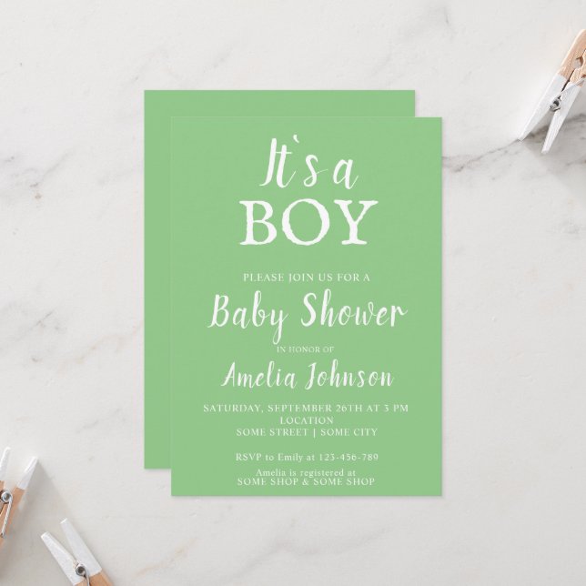 It`s a Boy Green Baby Girl Baby Shower Invitation (Front/Back In Situ)