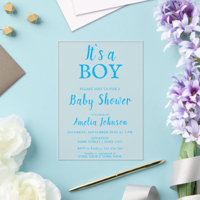 It`s a Boy Simple Blue Baby Boy Baby Shower Acrylic Invitations (Insitu (Wedding))