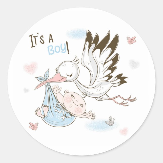 It’s a Boy Stork and Baby Classic Round Sticker (Front)