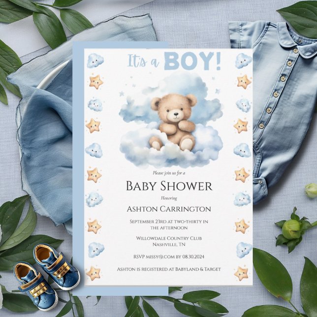 It’s a Boy Teddy Bear Watercolor Baby Invitation (Creator Uploaded)