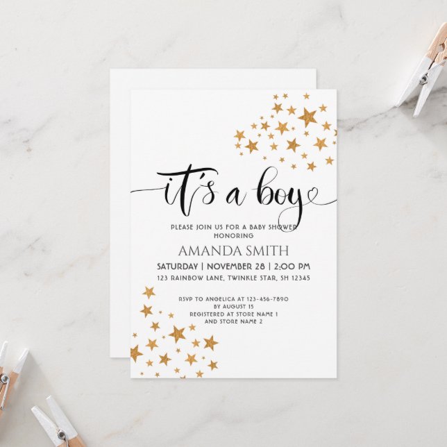 It’s a Boy Yellow Stars, Black & White Baby Shower Invitation (Front/Back In Situ)