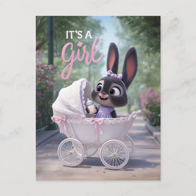 It’s a Girl: Baby Bunny in Pink Lace Stroller Announcement Postcard (Front)