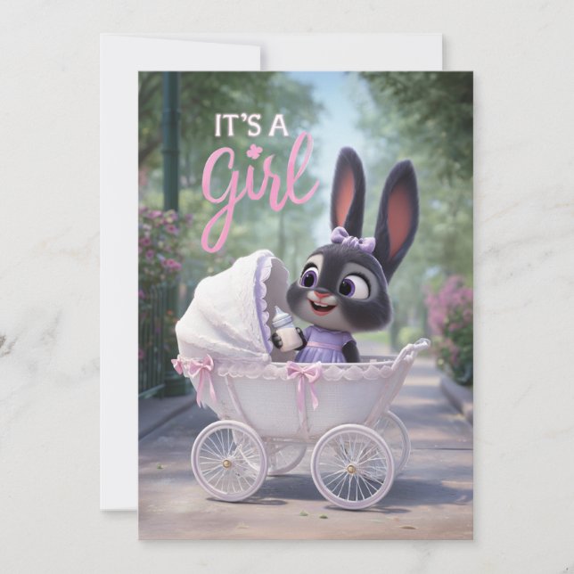 It’s a Girl: Baby Bunny in Pink Lace Stroller Invitation (Front)
