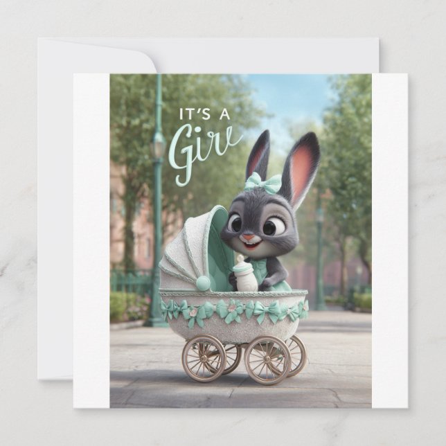 It’s a Girl Baby: Cute Bunny in Green Stroller Announcement (Front)