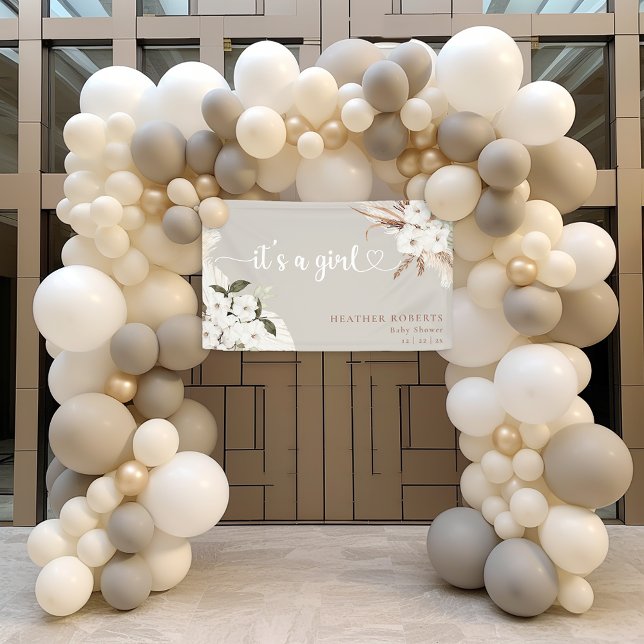 It’s a Girl Boho Floral Neutral Baby Shower Banner (It's A Girl Heart Script Banner)