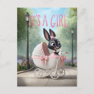 It’s a Girl: Cute Baby Bunny Pink Vintage Stroller Announcement Postcard
