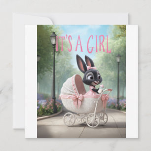 It’s a Girl: Cute Baby Bunny Pink Vintage Stroller Invitation