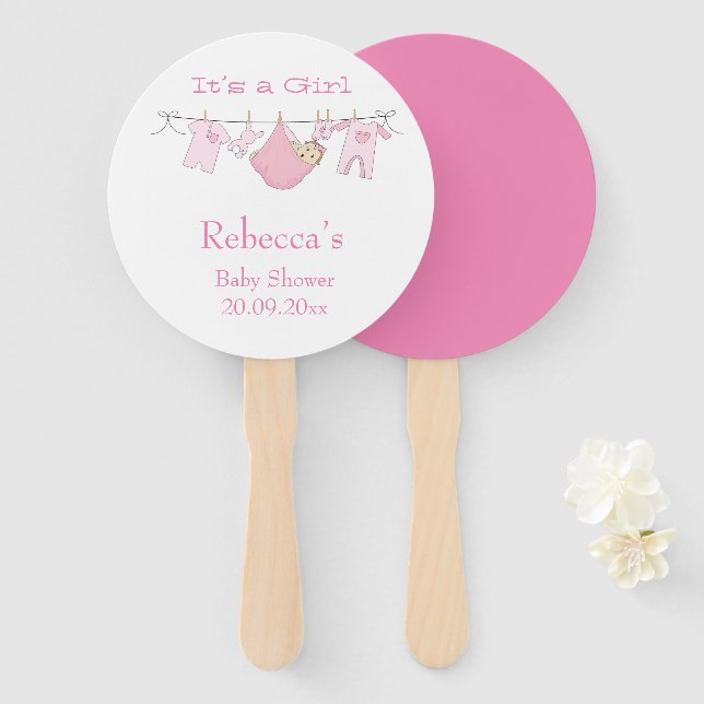 It’s a Girl Cute illustration Pink Baby Shower Hand Fan (Front and Back)