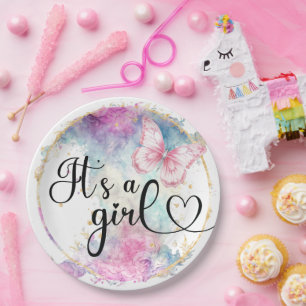 It’s a girl gold Frame colour ink pink butterfly P Paper Plate