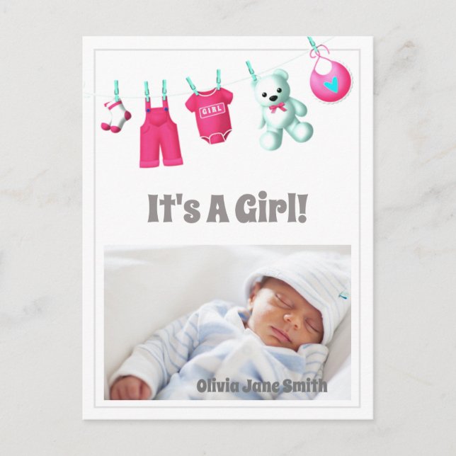 It’s A Girl! New Baby – Pink Custom Photo Postcard (Front)