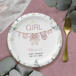 It’s A Girl Pink Boho Clothes Greenery Baby Shower Paper Plate
