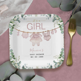 It’s a Girl Pink Boho Clothes Greenery Baby Shower Paper Plate