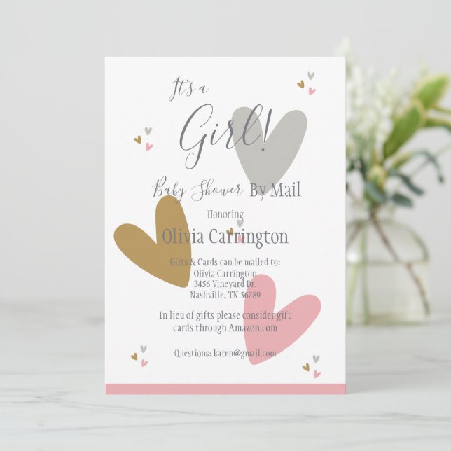 It’s a GIRL Pink Hearts Modern Baby Shower By Mail Invitation (Standing Front)