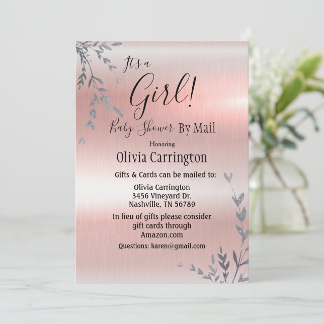 It’s a GIRL Pink Metallic Baby Shower By Mail Invitation (Standing Front)