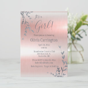 It’s a GIRL Pink Metallic Silver Leaf Baby Shower Invitation