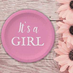 It`s a Girl Typography Pink Baby Girl Baby Shower Paper Plate
