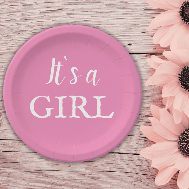 It`s a Girl Typography Pink Baby Girl Baby Shower Paper Plate (Creator Uploaded)