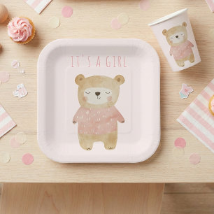It’s a Girl Watercolor cute Bear Pink Baby Shower Paper Plate