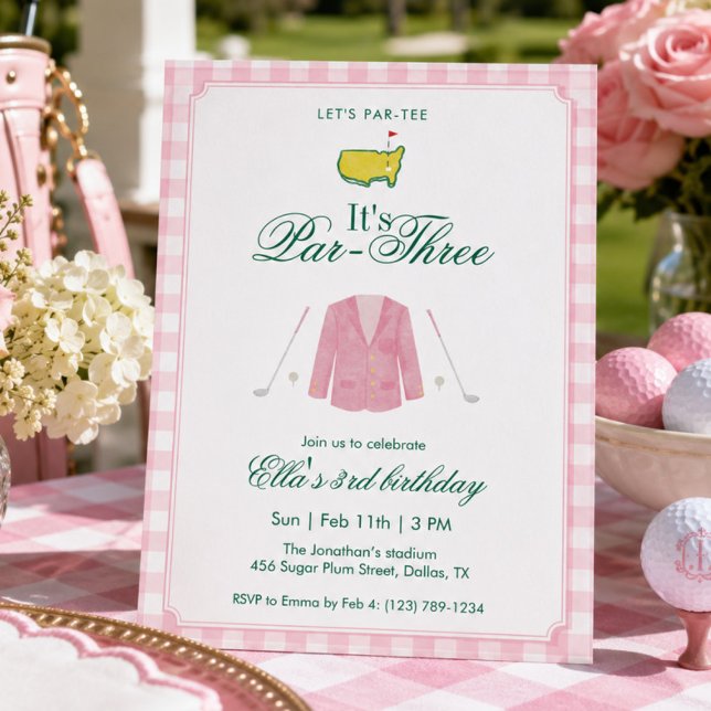 It’s A Par-Three Golf 3rd Birthday Pink Gingham Invitation (Creator Uploaded)