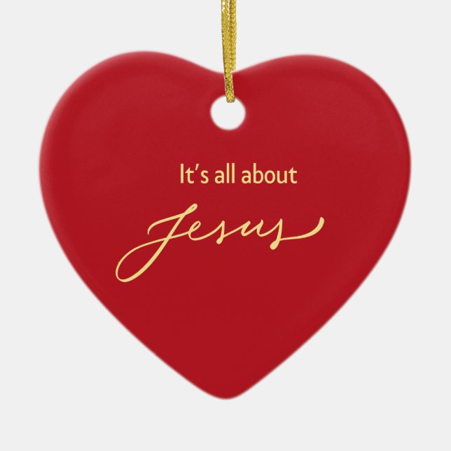 It’s All About Jesus – Red & Gold Heart Ceramic Tree Decoration (Front)
