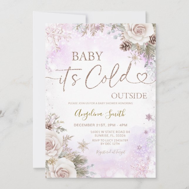  It’s Cold Outside Pink Purple Winter Baby Shower  Invitation (Front)