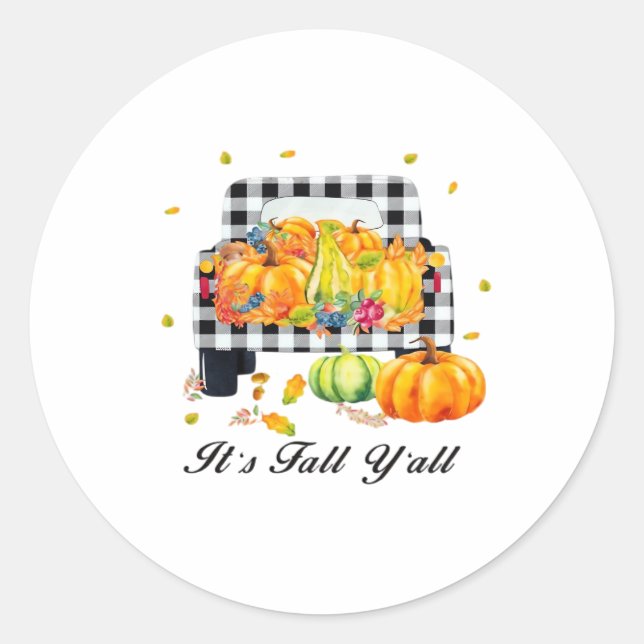 It’s Fall Y’all Autumn Pumpkin Plaid Classic Round Sticker (Front)