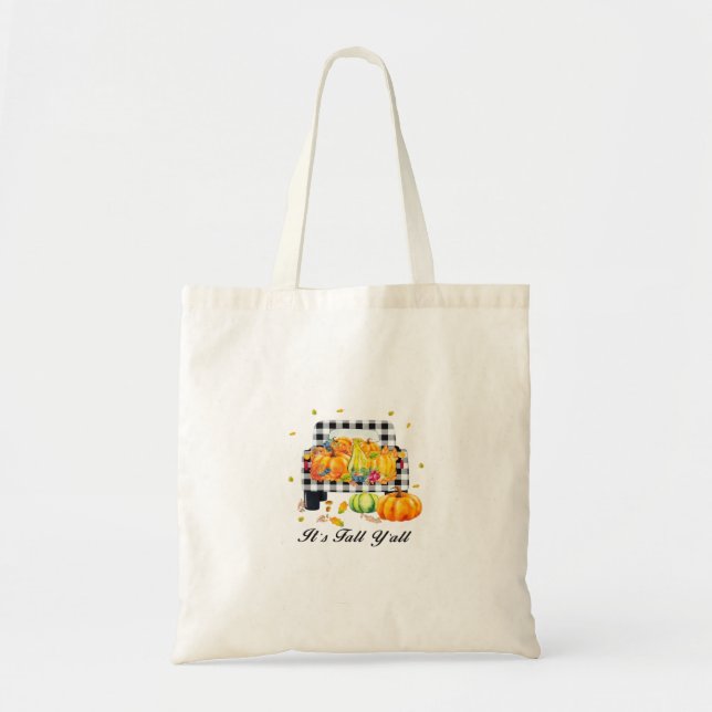 It’s Fall Y’all Autumn Pumpkin Plaid Tote Bag (Front)