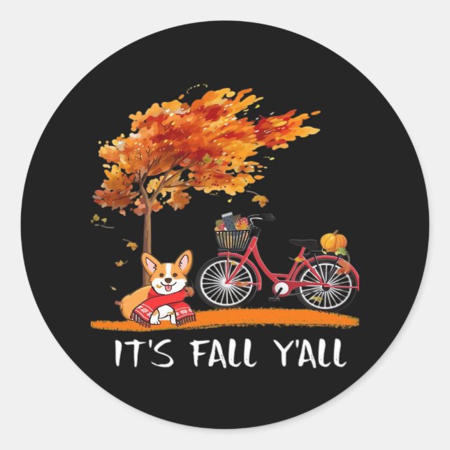 It’s Fall Y’all Cardigan Dog Autumn Design Funny G Classic Round Sticker (Front)