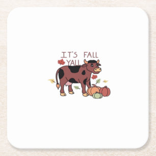 It’s Fall Y’all Cow Retro Style Square Paper Coaster
