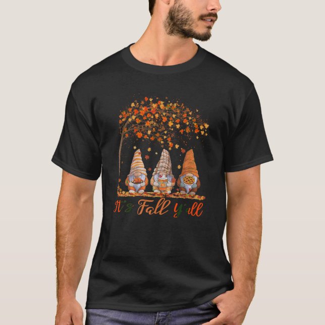It s Fall Y all Cute Gnomes Pumpkin Autumn Tree Fa T-Shirt (Front)