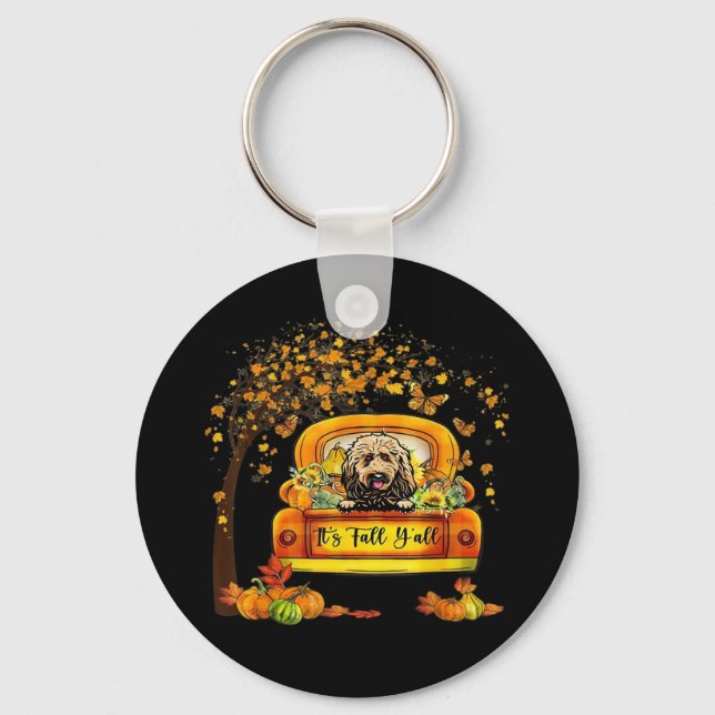 It’s Fall Y’all Goldendoodle Pumpkin Autumn Look Key Ring (Front)
