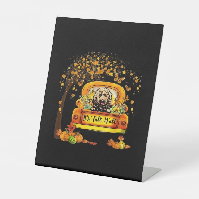 It’s Fall Y’all Goldendoodle Thanksgiving Pumpkin Pedestal Sign (Front)
