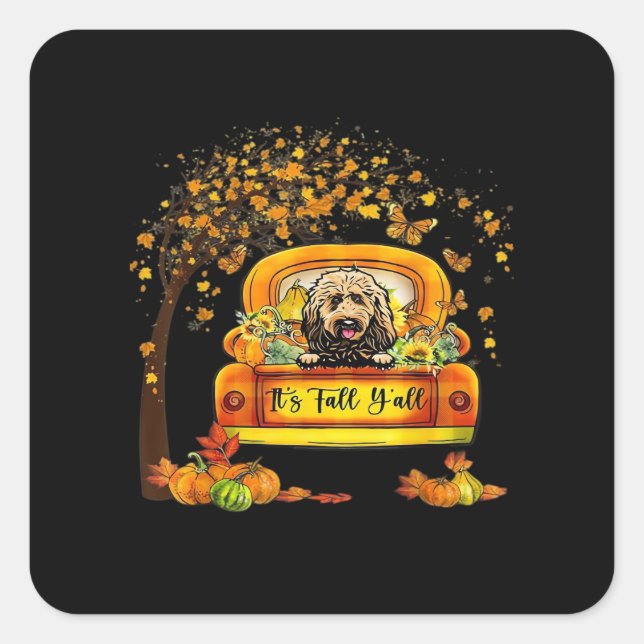 It’s Fall Y’all Goldendoodle Thanksgiving Pumpkin Square Sticker (Front)