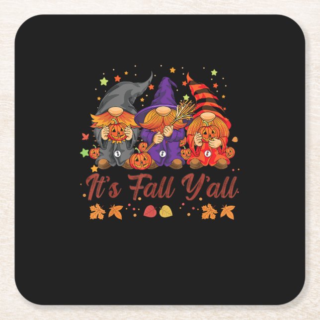 It’s Fall Y’all Halloween Gnomes Pumpkin Autumn Fa Square Paper Coaster (Front)