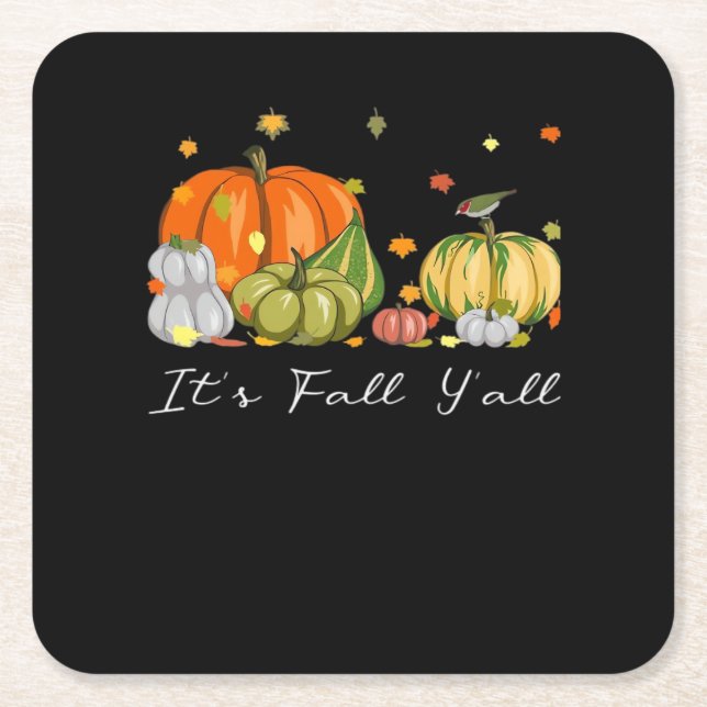 It’s Fall Y’all Halloween Pumpkin Autumn Leaves Th Square Paper Coaster (Front)
