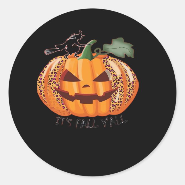 It’s Fall Y’all Leopard Pumpkin Happy Halloween Ne Classic Round Sticker (Front)