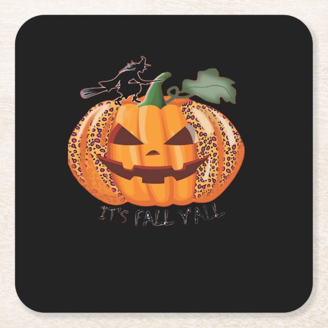 It’s Fall Y’all Leopard Pumpkin Happy Halloween Ne Square Paper Coaster (Front)