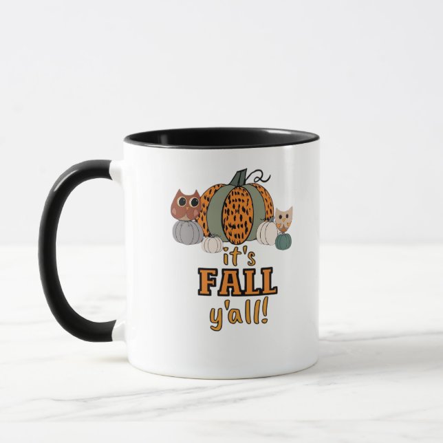 It’s Fall Y’all, Leopard Pumpkins And Owls Mug (Left)