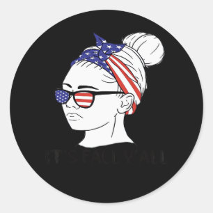 It’s Fall Y’all Messy Bun Women USA Flag Classic Round Sticker